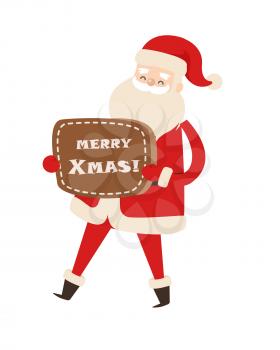 Smiling Santa Claus with brown table Merry Xmas. Vector illustration of activities of old man in red warm coat and trousers, soft hat, black boots and wide belt with golden buckle. Decorative statue