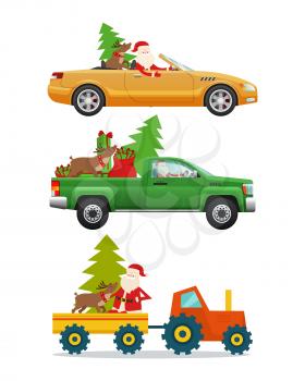 Santa Claus, big reindeer, green fir tree, red big bag in different kinds of modern transport. Man drives steep green pick-up truck and yellow car. Vector illustration of current vehicle types