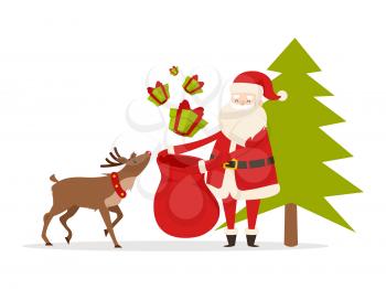 Reindeer helps Santa to prepare Christmas gifts for children all around world vector illustration. Green fir tree is behind man in red clothes and hat. Presents with red ribbon above big bag.