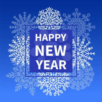 Happy New Year cover design snowflake created from ornamental patterns with geometric elements vector illustration isolated on blue with text