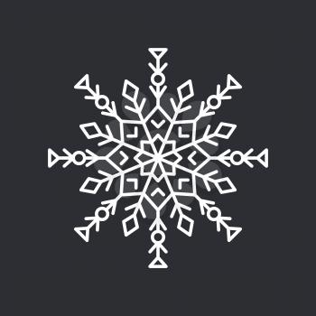 Snowflake white ice crystal with traditional shape made up of lines, circles and triangles, vector illustration isolated on black background