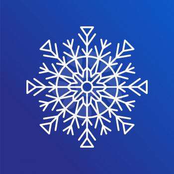 Snowflake single icon in details, closeup of ice crystal with geometric shapes of circle, lines and triangles, vector illustration isolated on blue