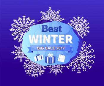 Best winter big sale 2017, promotional poster with unique snowflakes, headline in circle and ribbon and icon of present, vector illustration