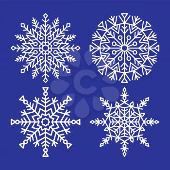 Snowflakes collection closeup of unique ice crystals small particles of snow vector illustrations set isolated on dark blue background in flat style