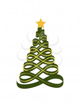 Christmas tree made of ribbons of curved form, golden star placed on its top, traditional pine represented in stylish way, vector illustration
