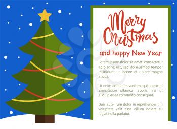 Merry Christmas Happy New Year poster with tree made of wavy abstract lines, topped by golden star on snowy backdrop vector web banner, place for text