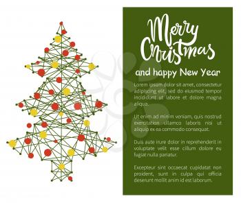 Merry Christmas Happy New Year poster with tree made of abstract lines and dots, silver garlands silhouette vector web banner with place for text