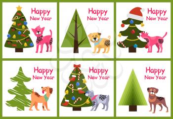 Happy New Year posters 2018 set with abstract Christmas trees and cute spotted puppies vector illustration greeting cards isolated on white background