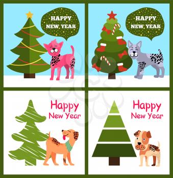 Funny cartoon dogs wishes Happy New Year in speech bubbles, greeting Merry Christmas posters with xmas trees and playful puppies vector illustrations