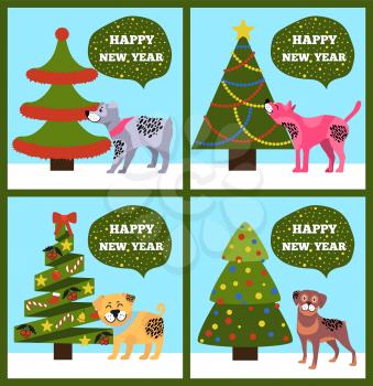 Happy New Year banners with dotted puppies under Christmas trees set of vector illustration greeting cards on green background, merry wishes