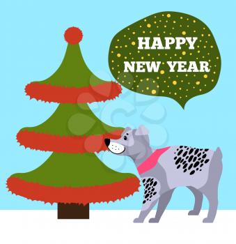 Happy New Years placard with tree made up of red tinsel placed on its borders, celebration symbol of Chinese horoscope cute dog vector illustration