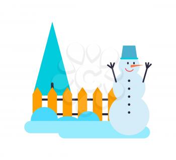 Snowman and tree, composition of pine and fence, snow and traditional winter character with carrot nose and happy smile, vector illustration