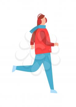 Woman in earphones running in warm winter cloth vector illustration isolated on white background. Girl dressed in jacket and blue jeans warming up