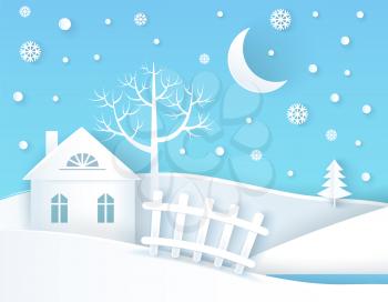 Winter placard with calm village, tranquil building with fence and tree beside it, pine in distance, moon and snowflakes, vector illustration
