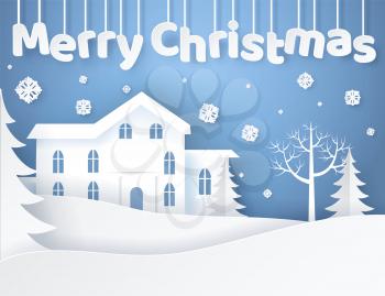 Merry Christmas, elegant poster with headline and building, snowflakes that falling down on ground and trees isolated on vector illustration
