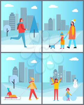 People walks in winter with cityscape. Girl on run, mother with son and dog, kid on sledge with father and children play in snow vector illustrations.