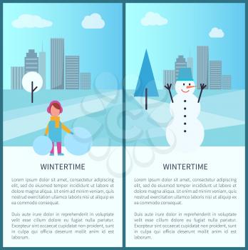Wintertime banners collection, text sample and letterings, girl dressed in warm clothes with snowballs, snowman and cityscape vector illustration