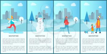 Wintertime set of posters representing skiing man, happy snowman, family walking with dog together, text and titles, cityscape vector illustration