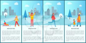 Wintertime activities poster with people having fun, walking and jogging in city park. Vector illustration with happy families on urban background