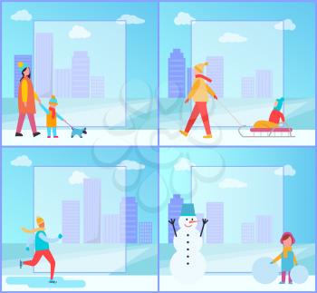 Winter activities collection, people on posters, family walking dog, mother and child on sledge, skier and snowman with girl on vector illustration