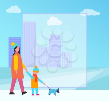 Winter and cityscape poster, mother and son walking their dog together, transparent filling form, buildings and skyscrapers vector illustration