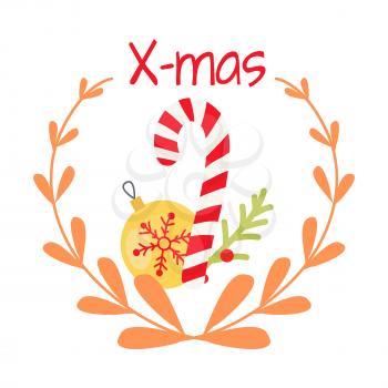 Beautiful Christmas badge on white background. Vector illustration of holiday decor elements yellow toy with snowflake, red candy cane and small fir tree twig. Icons surrounded by golden wreath
