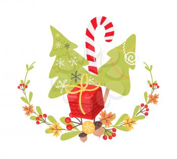 Beautiful Christmas badge on white background. Vector illustration of holiday decor elements autumn leaves, red guelder roses and small acorn. Wreath surround main icon red present, fir tree and canes