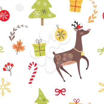 Seamless pattern with reindeer, Christmas decorative candies, viburnum red berries and maple leaves, decorated Christmas tree and presents in gift boxes, balls and bows on white endless vector texture