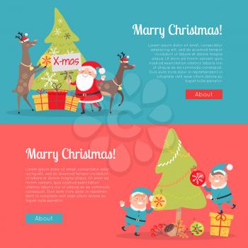 Merry Christmas web banner. Two elves in blue santa suits and animals deers helpers decorate Christmas tree. Little elf stand on gift box to hang toy ball. Vector illustration in flat style design