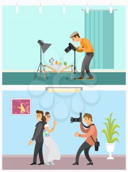 Photographer profession and hobby bright banners set. Still life picture and wedding couple photo, men taking picture with camera vector illustration.