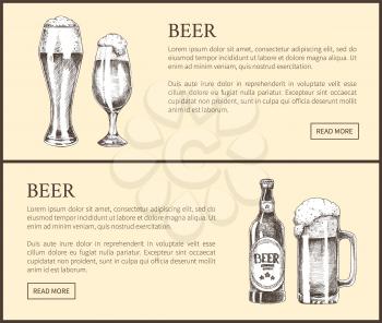 Beer bottle and mug with foam, pilsner and tulip glass vintage hand drawn vector illustration. Sketch style landing page with text for brew house.