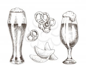 Snack food and foamy beer in glasses graphic art isolated on white background, vector illustration of chips and pretzels with pair of glassy goblets