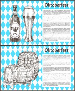 Oktoberfest beer objects set hand drawn icons. Wooden barrels, bottle and full tumbler with flowing foam on blue and white vintage vector template