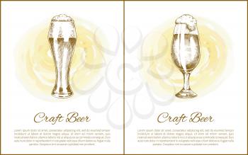 Craft beer objects set hand drawn vector sketches. Full tumblers with flowing foam isolated on beige stain vintage icons illustrations for bar menu