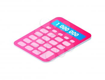 Calculator cartoon isolated single vector icon. Pocket calculating machine, mathematical tool, of pink color with pale buttons, 3d isometric design