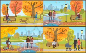Couple with perambulator walking in park set vector. People feeding geese on lake, man walking dog pet, woman talking on cell, pensioner with paper