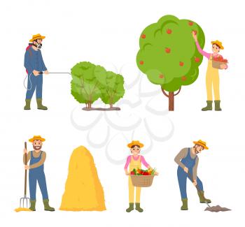 Woman farming man icons. Gathering apple from fruit tree, digging soil cultivating ground and putting hay on bale of dry grass. Bush sprayer vector