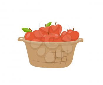 Basket full of apples vector badge in cartoon style isolated icon. Wicker capacity with pile of red fruit with leaves, healthy and fresh food theme