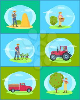 Farming man and woman, wearing special uniforms. Set of farmers on land, person with hayfork, lady with wicker basket and vegetables in it vector