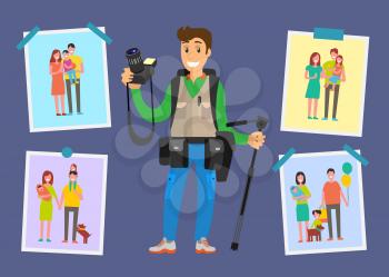 Family photograph freelancer and samples of his pictures in portfolio vector poster. Modern digital equipment and camera, photos of families on clips