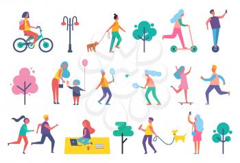 Park people isolated icons set. Biker on bicycle, woman walking pet dog, skating female and couple playing tennis. Freelance worker on blanket vector