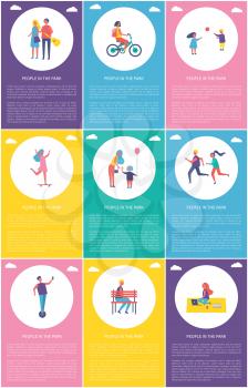 People in park posters set with text sample. Children playing games, woman on bike riding bicycle. Lady skating and mother giving kid ice cream vector