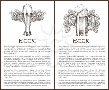 Beer objects set hand drawn vector sketches. Full tumblers with flowing foam with barley and hop vintage illustration poster, template for bar menu