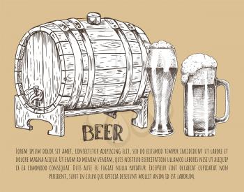 Big ale barrel, full pilsner glass and mug with foam vintage hand drawn vector illustration. Sketch style poster with text sample for brew house.