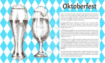 Oktoberfest poster pair of beer goblets with foamy ale graphic art, vector illustration of glassy kitchenware with alcohol drinks, glasses set on banner