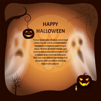 Happy Halloween poster with text sample vector. Pumpkin lantern on dry branch tree, ghosts and apparitions, candle with fire and lights. Spiders web