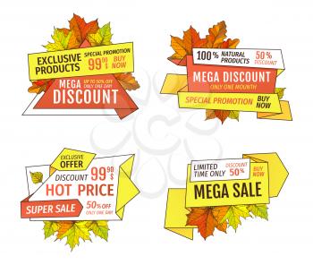 Wholesale advert on products at super hot price 99.90 promo labels isolated with oak and maple leaves. Autumn season discounts on Thanksgiving day vector