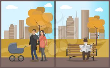 Old male reading newspaper and sitting on bench set vector. Family male and female with pram and kid inside walking calmly. Cityscape and autumn trees