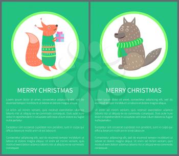 Merry Christmas postcard 70s with squirrel with present and wolf dressed in green scarf. Vector illustration with animals on white background