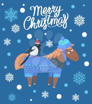Merry Christmas horse wearing knitted sweater and hat that come together and bird in red hat, image with snowflakes on vector illustration